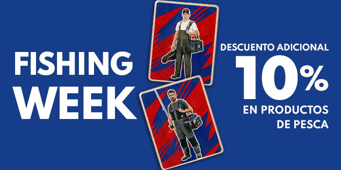 Fishing Week banner: two anglers with fishing gear on cards against blue background and 10% additional discount on fishing products
