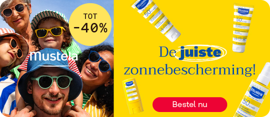 Mustela zonbescherming tot -40% voor het hele gezin, knop “Bestel nu”.