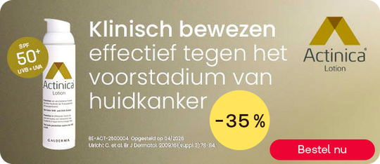 Actinica Lotion SPF 50+ tot -35% voor zonbescherming, knop “Bestel nu”.