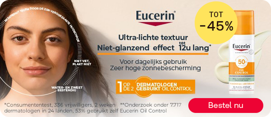 Eucerin Sun Oil Control SPF 50 tot -45%, knop “Bestel nu”.