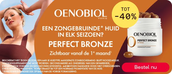 Oenobiol Perfect Bronze tot -40% voor zongebruinde huid, knop “Bestel nu”.
