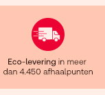 Rood icoon met leveringswagen, tekst: Eco-Levering via meer dan 4.450 afhaalpunten op perzikkleurige achtergrond.
