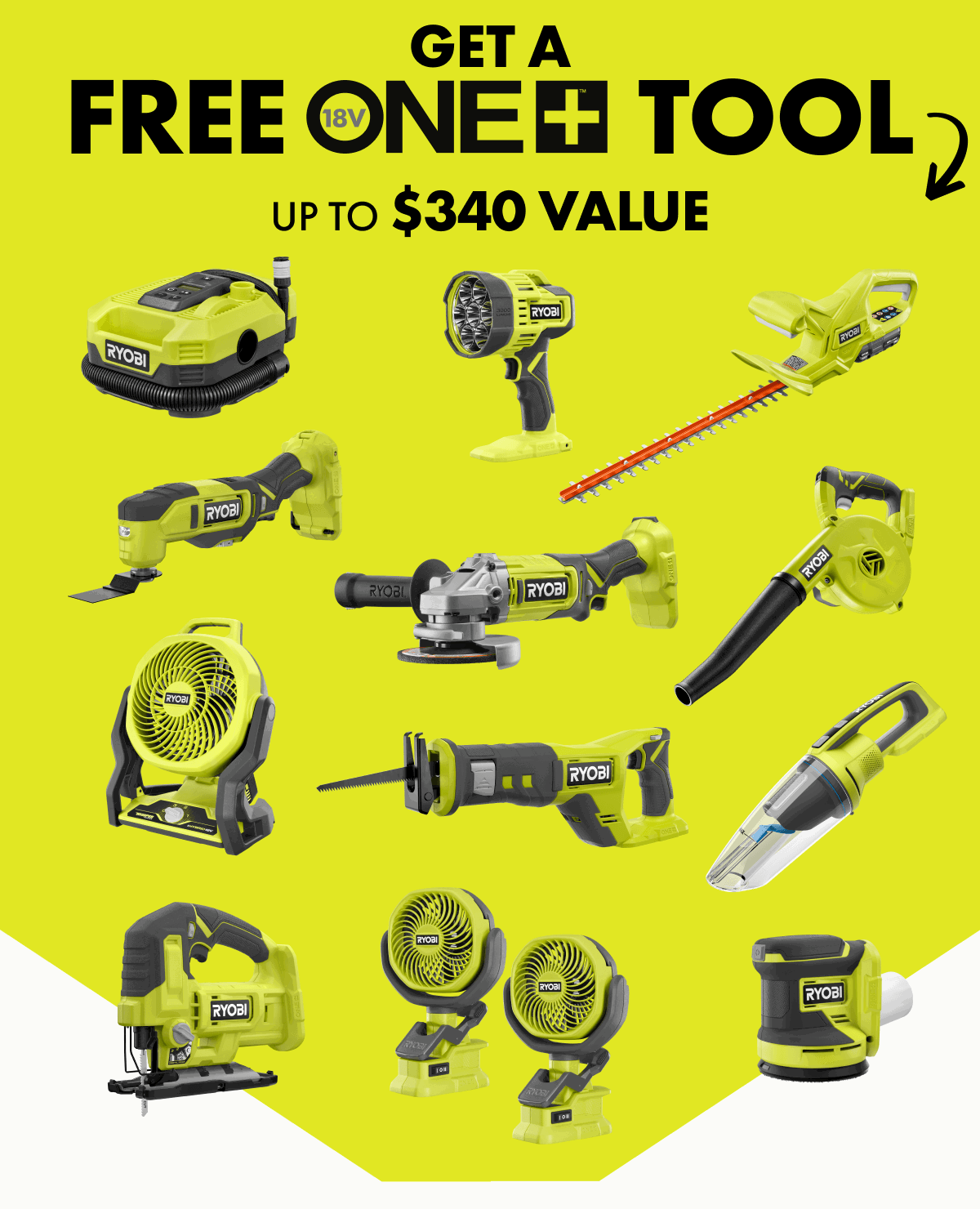 Get a free RYOBI 18V ONE+ tool up to $340 value; yellow background displaying 12 cordless tools including a fan, jigsaw, hedge trimmer, reciprocating saw, angle grinder, blower, and more