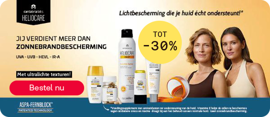 Heliocare zonbescherming tot -30% voor gevoelige huid, knop “Bestel nu”.