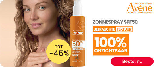 Avène zonnespray SPF 50 tot -45% voor gevoelige huid, knop “Bestel nu”.