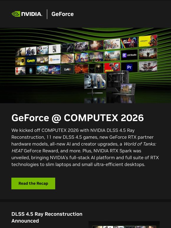 GeForce at COMPUTEX: DLSS 4.5 Ray Reconstruction, 1000+ RTX Games & Apps, Plus NVIDIA RTX Spark Unveiled, And More.