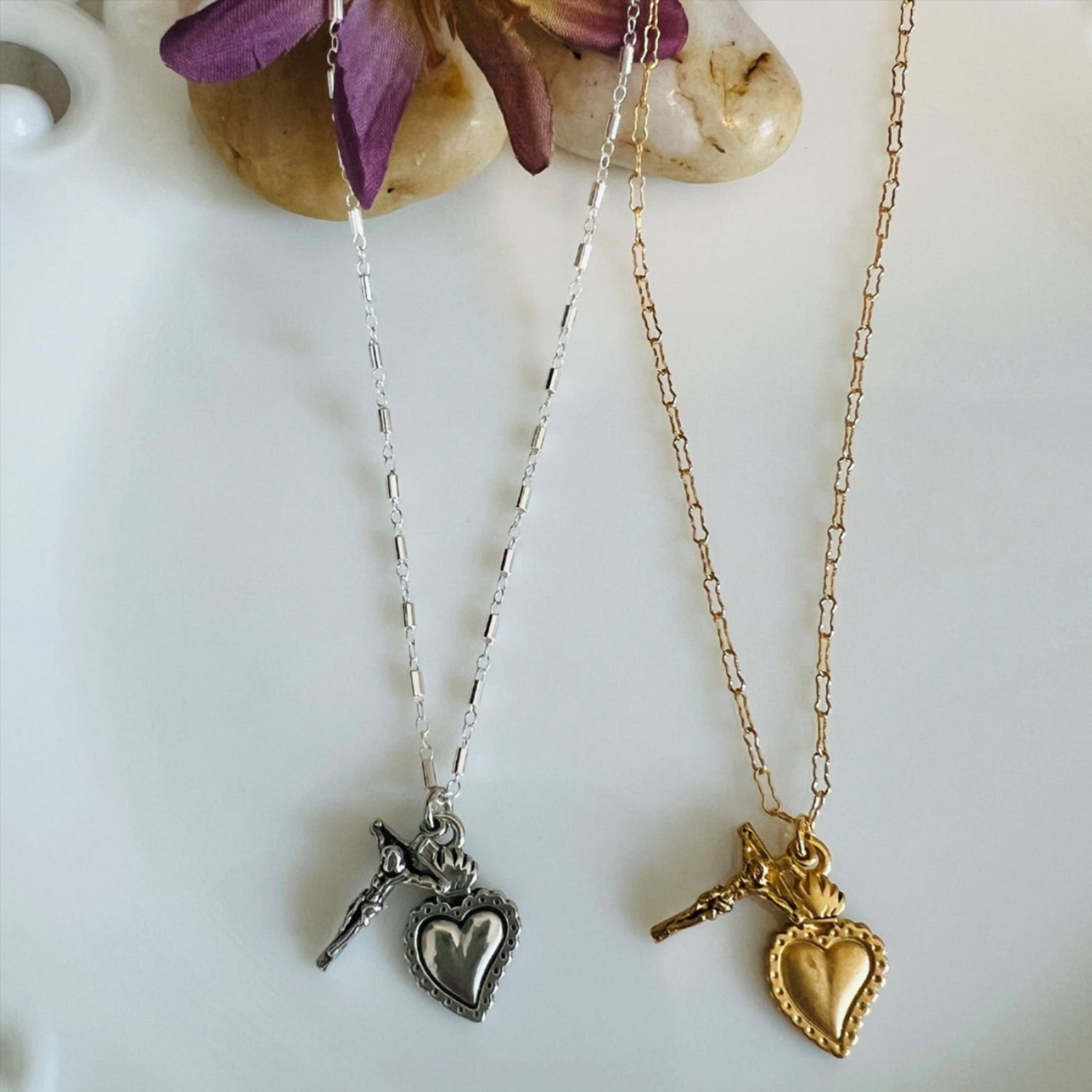 Crucifix & Sacred Heart Charm Necklace - Silver or Gold