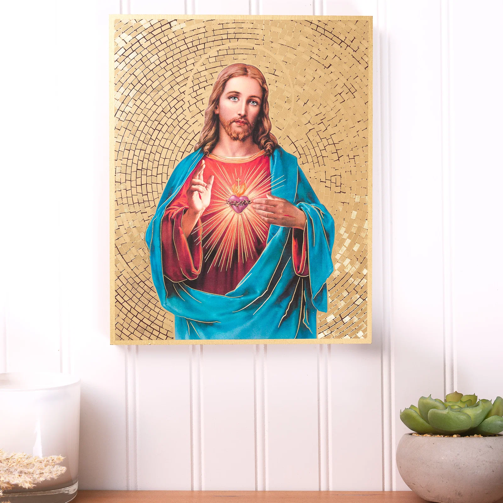 Sacred Heart Gold Foil Mosaic Plaque