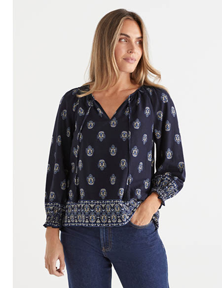 Foulard Print Shirred Blouse