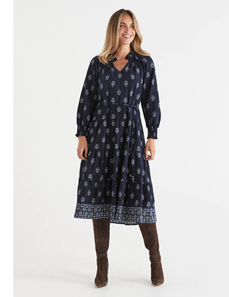 Foulard Print Tiered Midi Dress