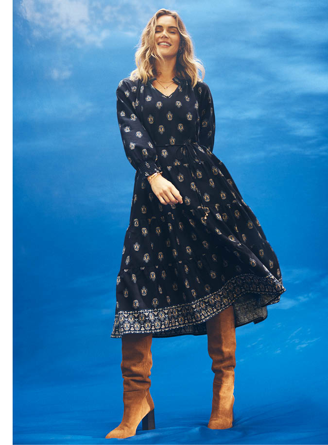 Foulard Print Tiered Midi Dress