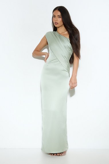 Draped Neckline Satin Bridesmaid Maxi Dress