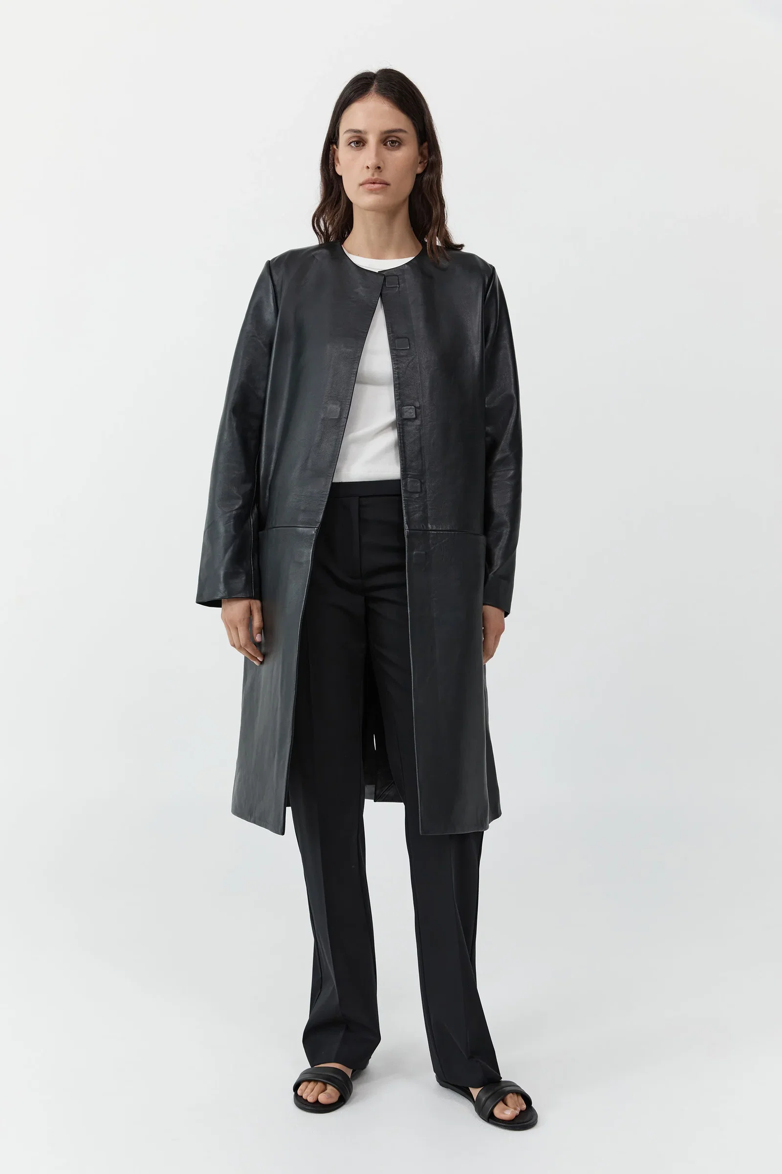 Image of Leather Minimal Coat - Black