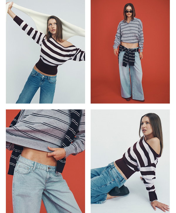 Knitwear styled with denim. 