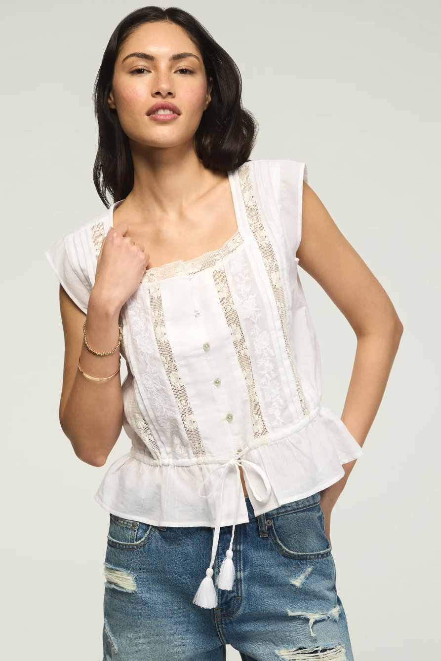 Image of Lucky Brand Short Sleeve Lace Square Neck Top - Women's Clothing Short Sleeve Tee Shirt Tops in #1479 Flint Stone