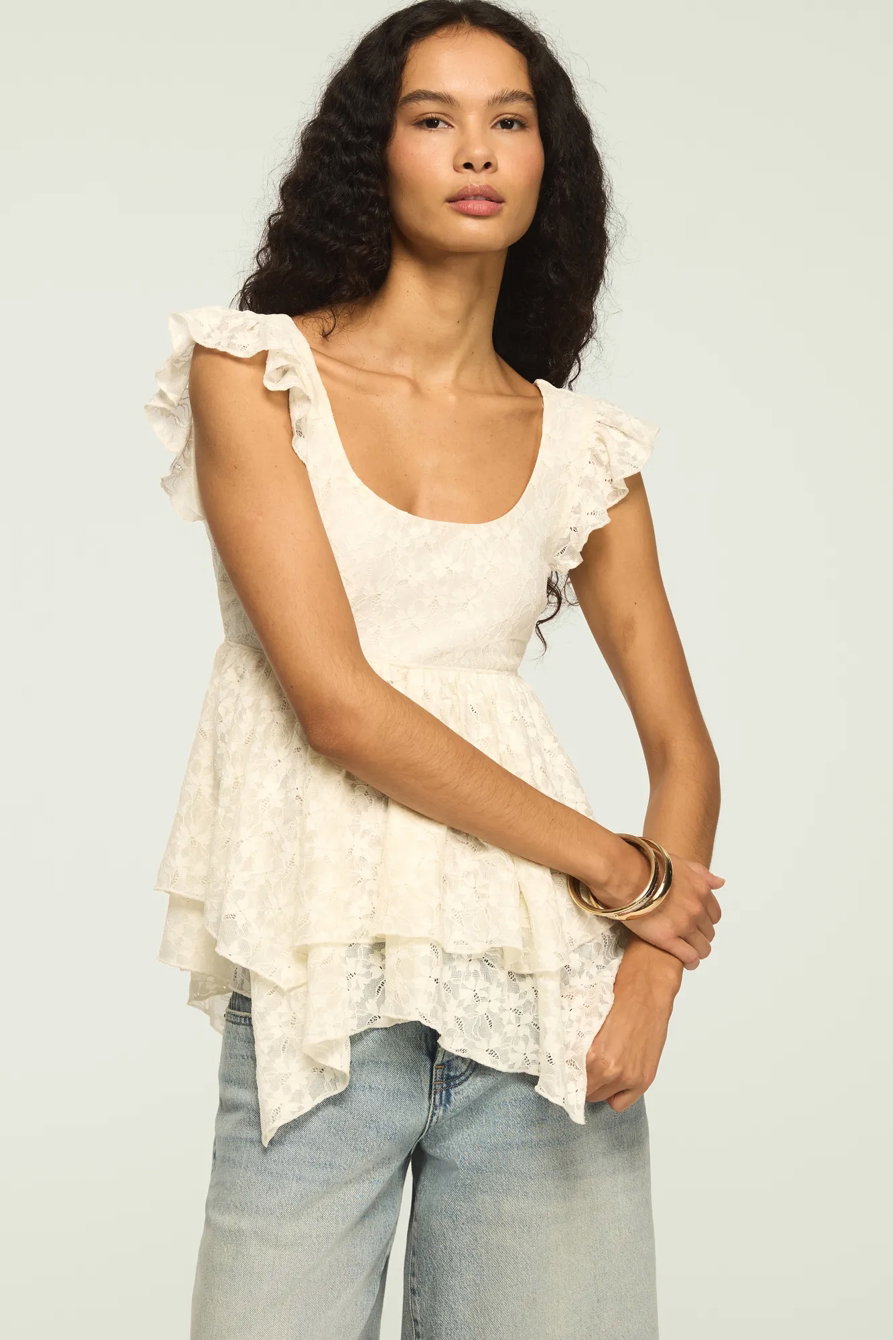 Image of Lucky Brand Lace Flutter Sleeve Top - Women's Clothing Tops Tees Shirts in Tofu