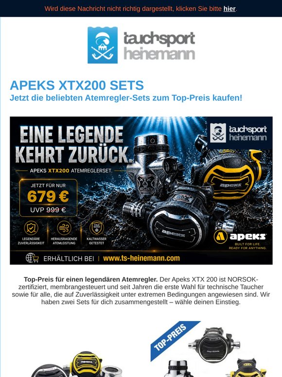 Tauchsport Heinemann: Apeks XTX200 Atemregler für nur 679€