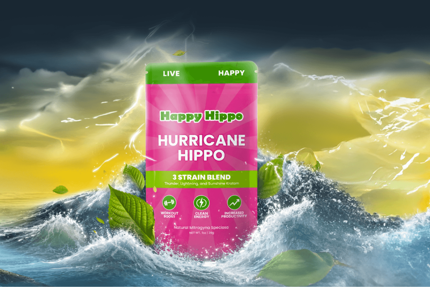 Happy Hippo Hurricane Hippo package emerging from crashing ocean waves with lightning and floating green leaves in the background.
