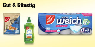 Gut und günstig - Getränke und Lebensmittel, Körperhygiene, Küchenutensilien, Reinigungs-Utensilien und Reinigungsmittel