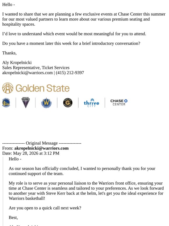 Re: A Note of Appreciation from the Warriors