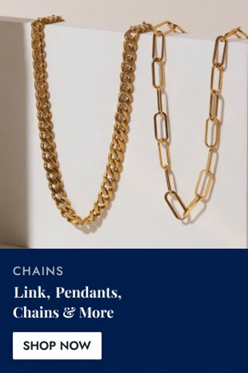 Two gold chains displayed on a white surface, with text about chains and jewelry.