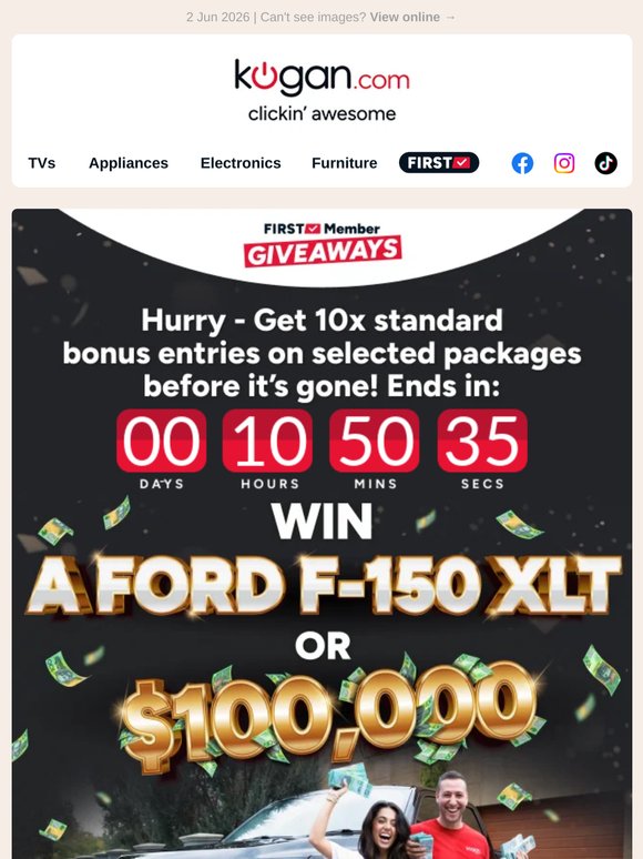 Hey, your BEST shot at a Ford F-150 XLT or $100K ENDS TONIGHT! 🚨