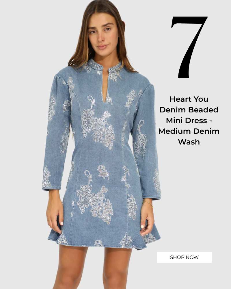 Heart You Denim Beaded Mini Dress - Medium Denim Wash