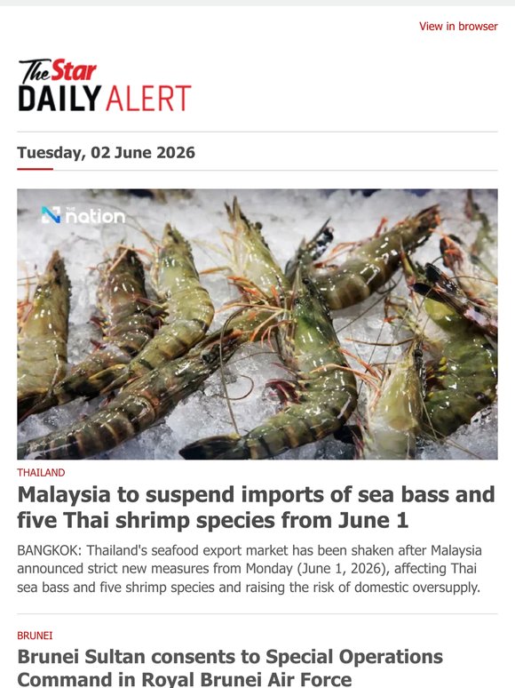 Malaysia to suspend imports of sea bass and five Thai shrimp species from June 1