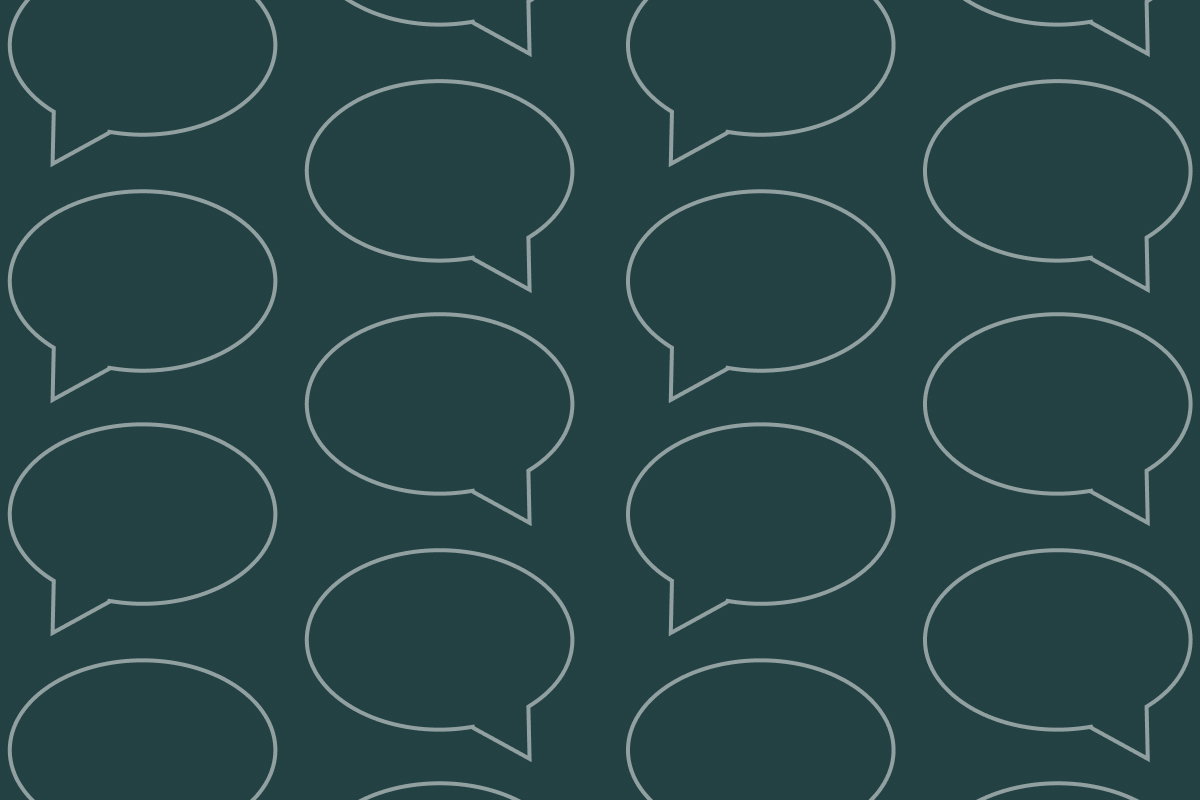 Pattern of outlined speech bubbles on a dark teal background.