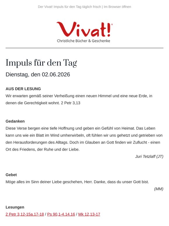 Impuls für Dienstag, den 02.06.2026 - von Vivat!