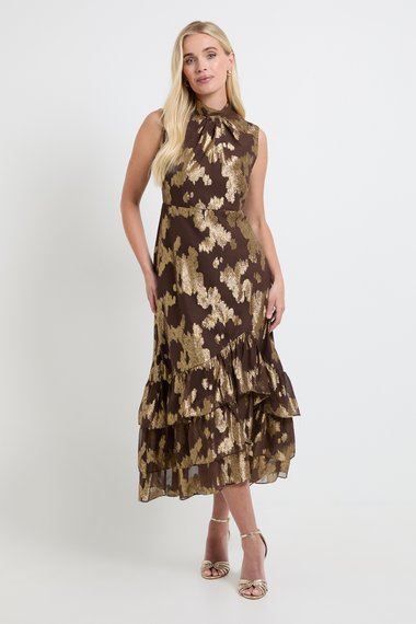 Petite Metallic Ruffle Hem Maxi Dress
