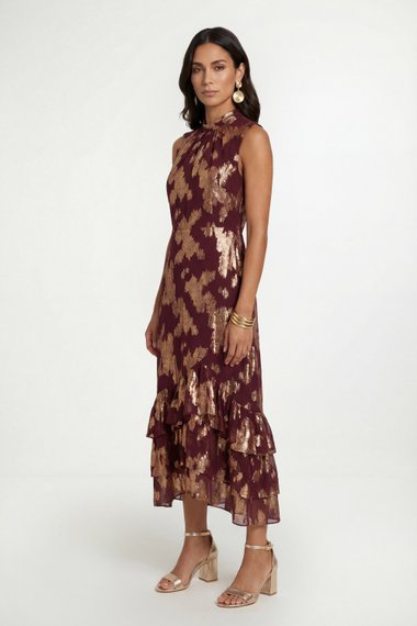 Metallic Ruffle Hem Maxi Dress
