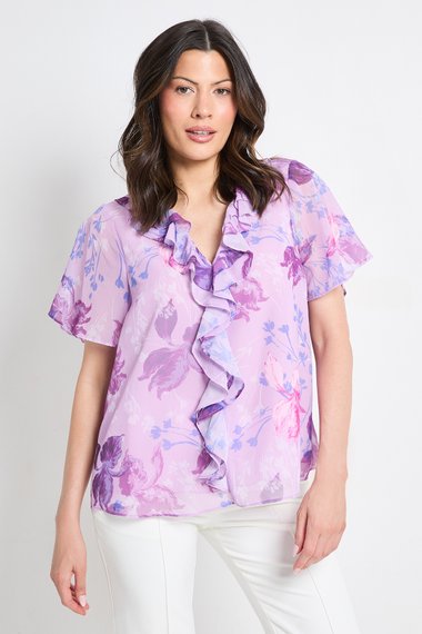 Floral Ruffle Front Short Sleeve Top
