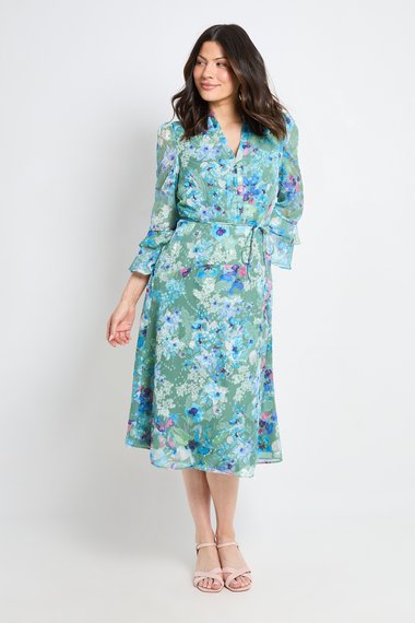 Floral Burn Out Ruffle Midi Dress