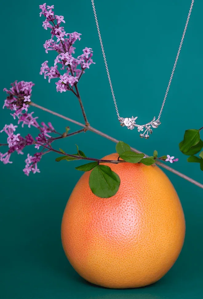 Cherry Blossom Branch Necklace with Hanging Cherries
