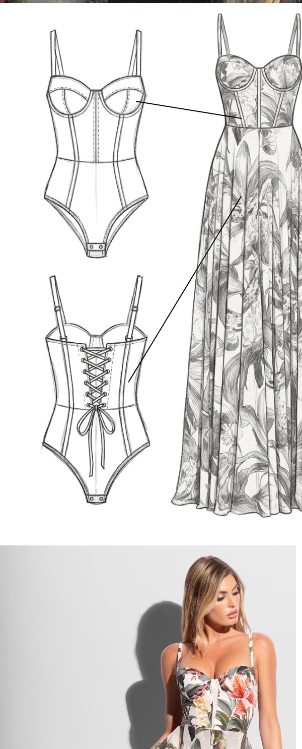 Illustration of a bodysuit and a floral dress design with detailed features.