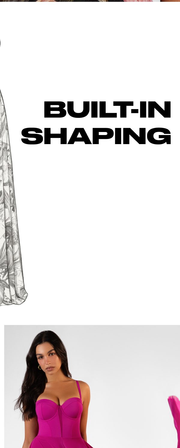 Built-in shaping text with images of dresses and a model in a pink outfit.