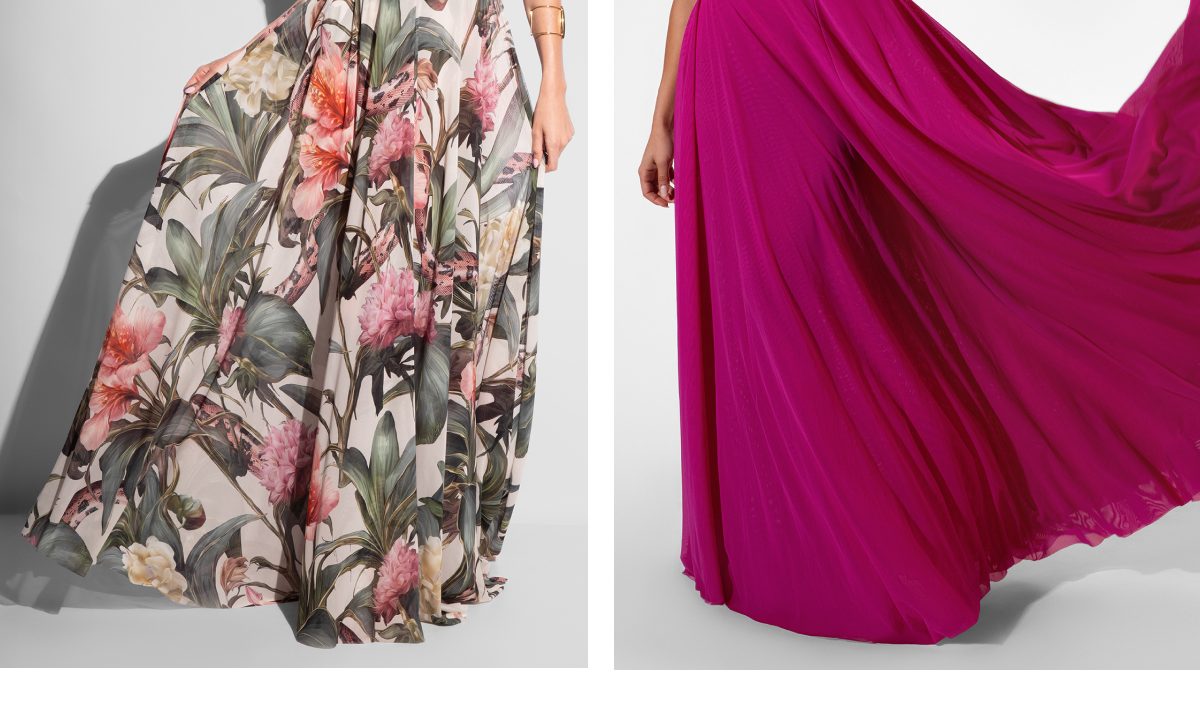 Two dresses: one with a floral pattern and the other in solid magenta fabric.