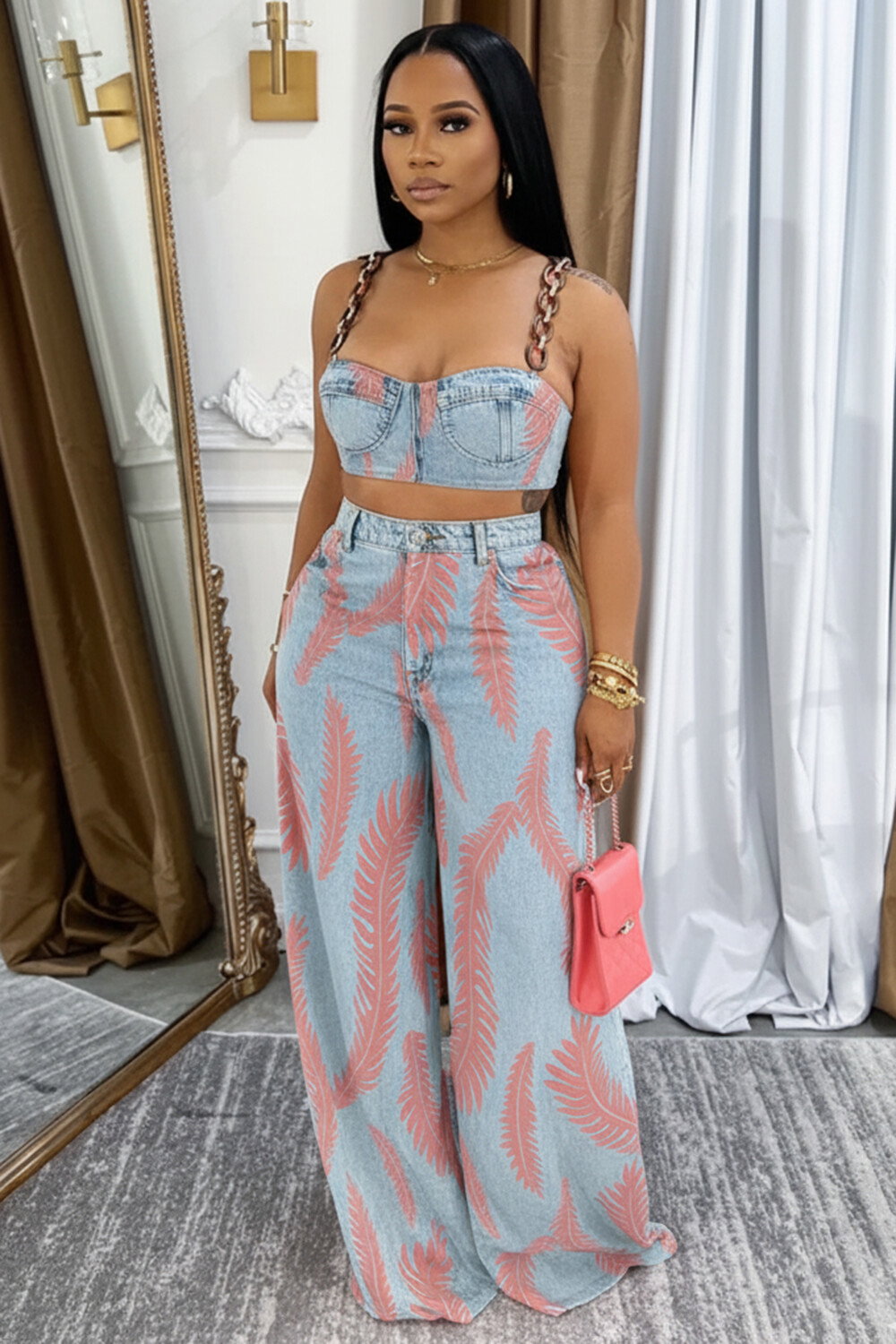 Denim Chain Strap Top Wide Leg Pants Leaf Casual 2pcs Set-Blue [Pre Order]