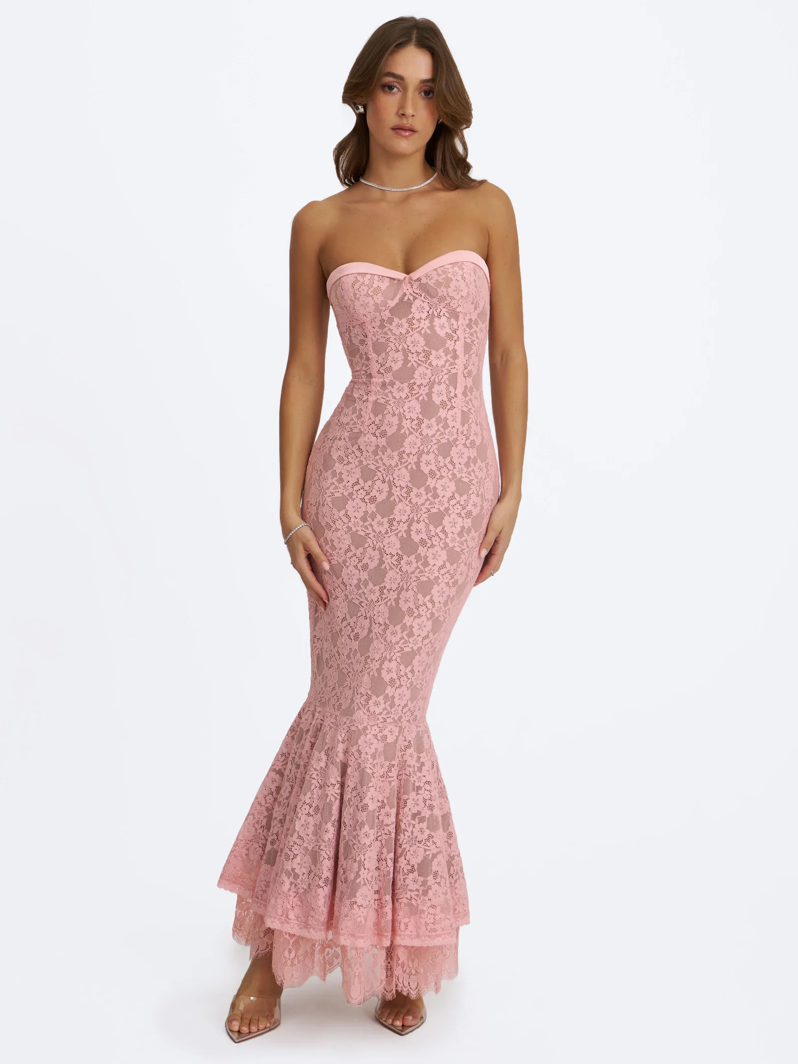 Rosalyn Pink Lace Sweetheart Midi Mermaid Dress