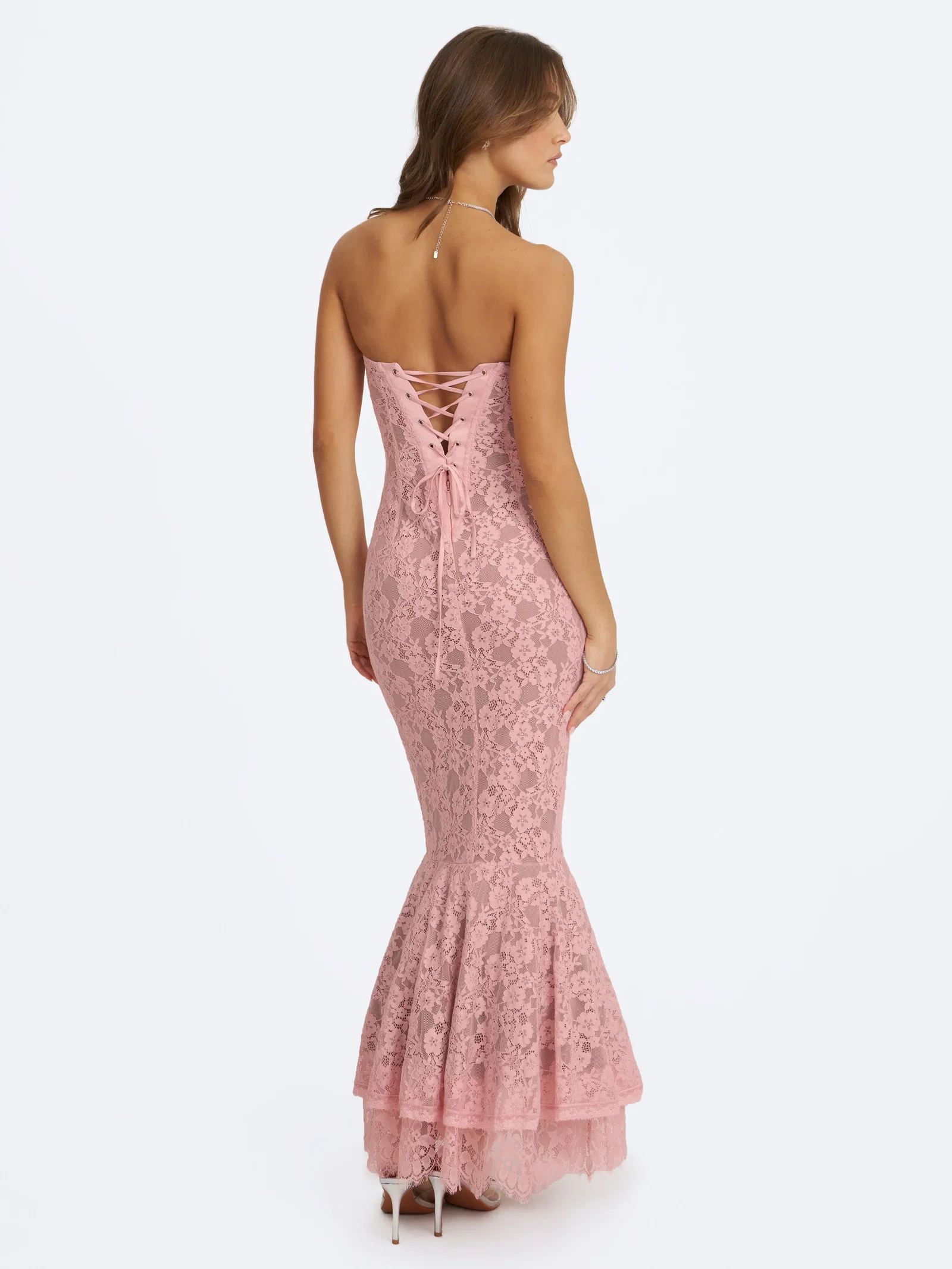 Rosalyn Pink Lace Sweetheart Midi Mermaid Dress