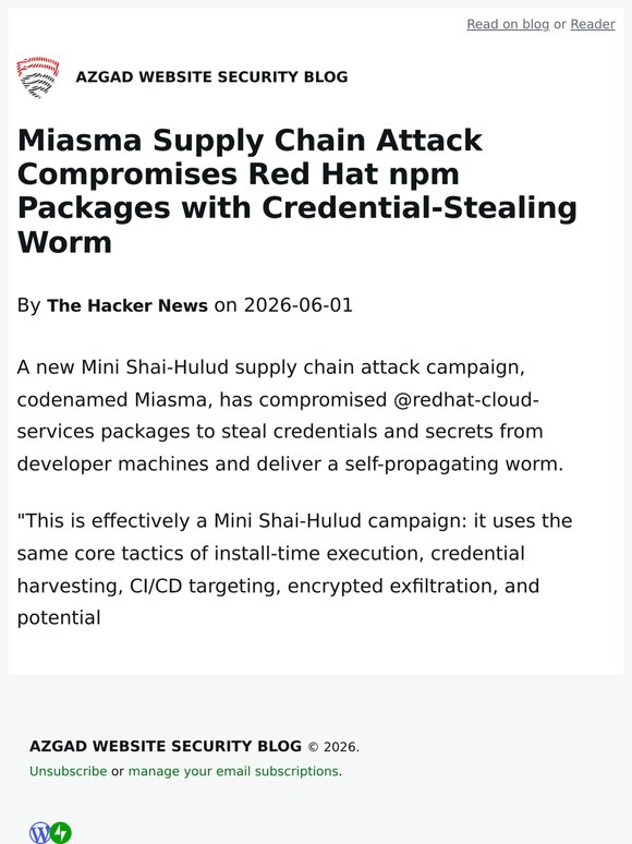 Miasma Supply Chain Attack Compromises Red Hat npm Packages with Credential-Stealing Worm