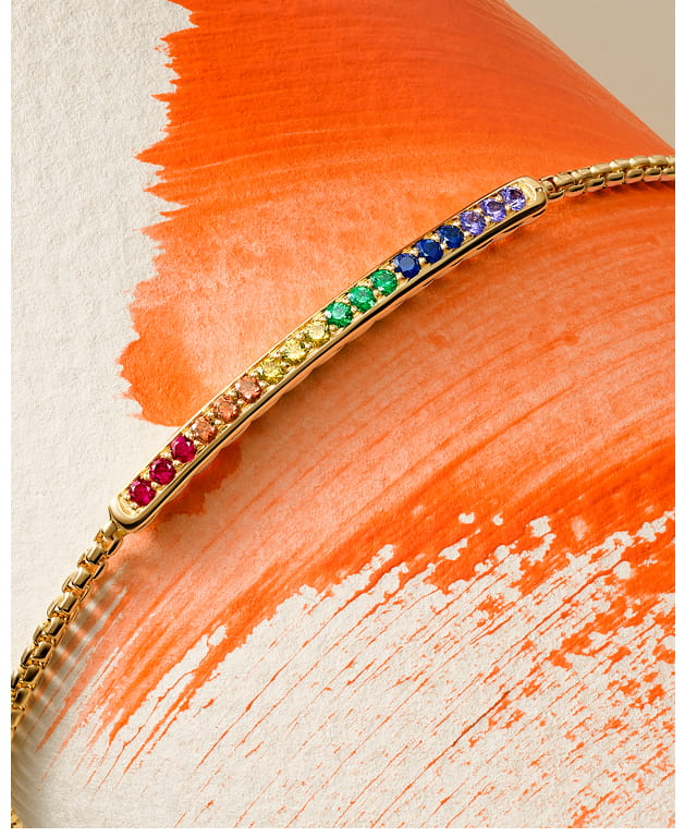 Petite Pavé Bar Bracelet 18K Yellow Gold with Rainbow Pavé, 1.7mm
