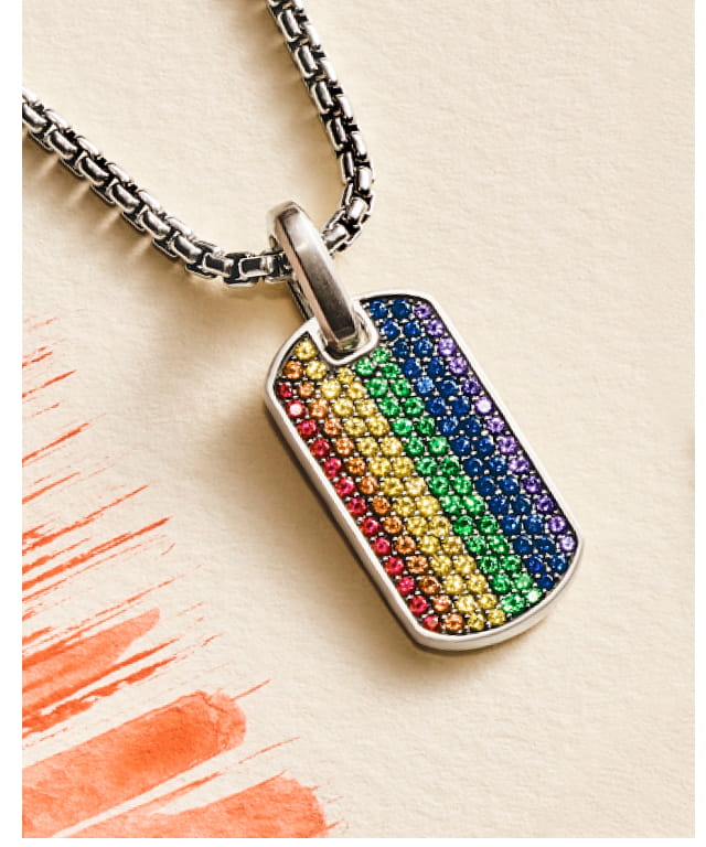 Chevron Tag Sterling Silver with Rainbow Pavé, 27mm