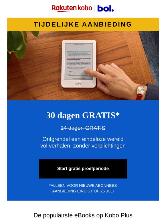 Geniet van een gratis, extra lange proefperiode van 30 dagen voor Kobo Plus