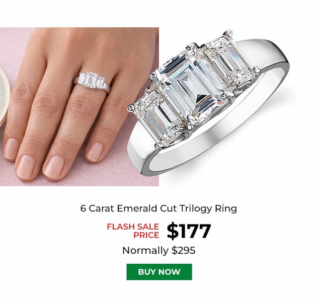 6 Carat Emerald Cut Trilogy Ring Platinum Clad