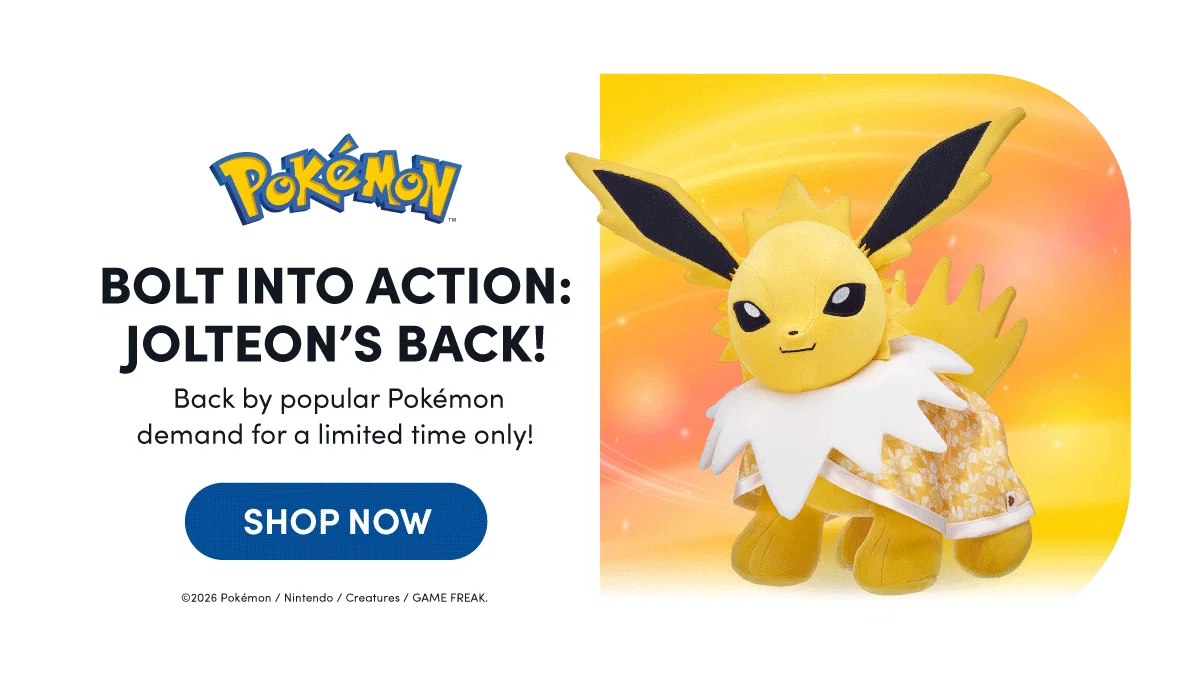 A yellow Jolteon plush from Pokémon stands on the right against a glowing yellow and orange gradient background with light sparkles. Jolteon has large pointed ears with black inner coloring, a white spiked collar, and wears a light yellow patterned skirt with white trim. On the left, the Pokémon logo appears above bold black text reading BOLT INTO ACTION: JOLTEON’S BACK! with smaller text below reading Back by popular Pokémon demand for a limited time only! A blue button reads SHOP NOW