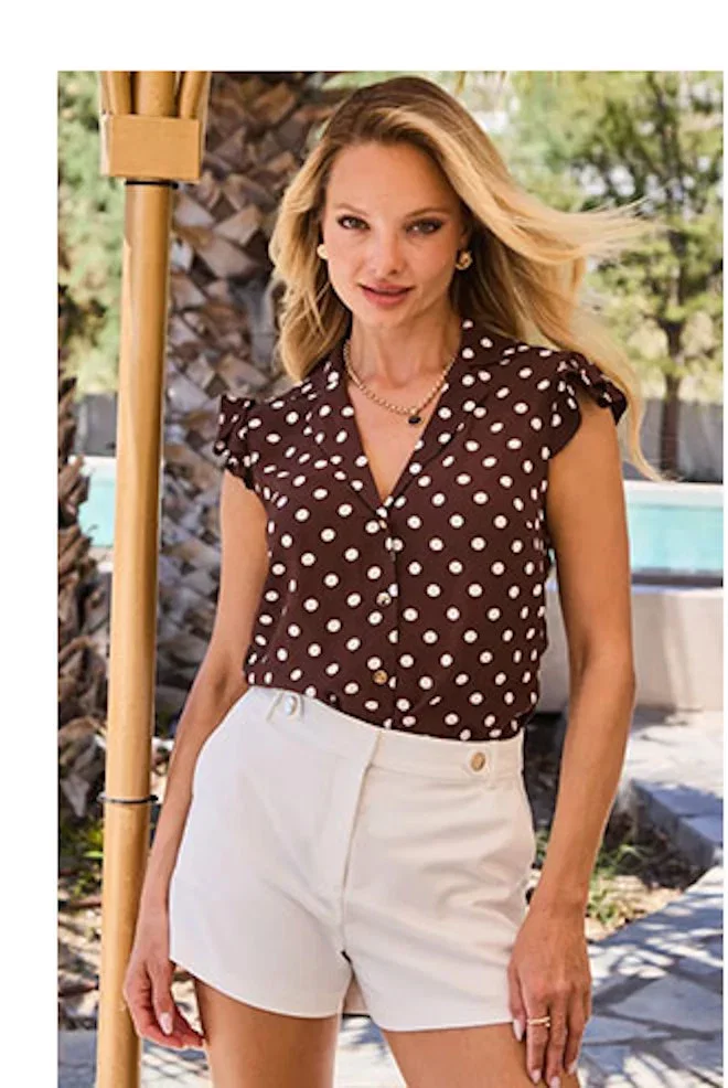 Brown & White Polka Dot Print Ruffle Sleeve Shirt