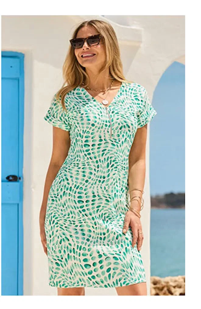 Green & White Fleck Print Shift Dress