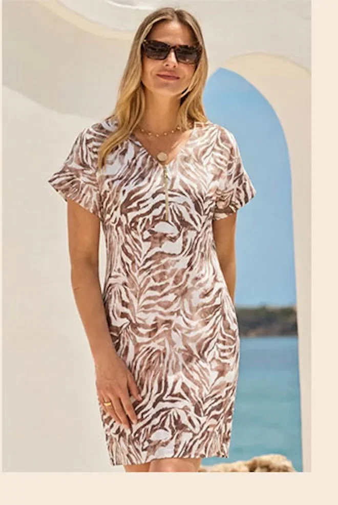 Natural Animal Print Flutter Sleeve Shift Dress